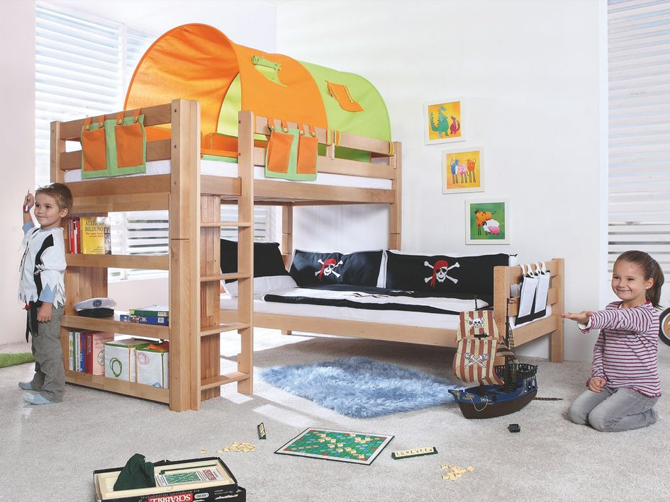 Etagenbett BENI L Kinderbett Spielbett Hochbett Bett Natur Stoffset Grün/Orange - Froschkönig24