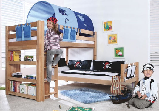 Etagenbett BENI L Kinderbett Spielbett Hochbett Bett Natur Stoffset Blau/Delfin - Froschkönig24