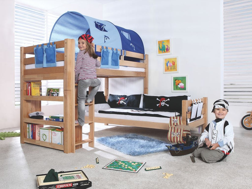 Etagenbett BENI L Kinderbett Spielbett Hochbett Bett Natur Stoffset Blau/Delfin - Froschkönig24