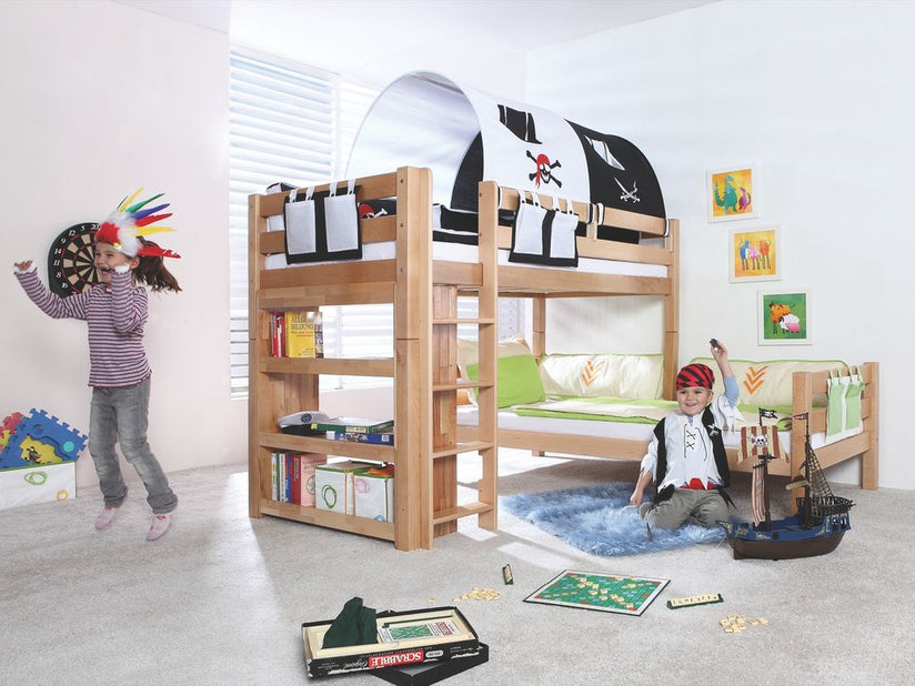 Etagenbett BENI L Kinderbett Spielbett Hochbett Bett Natur Stoffset Pirat - Froschkönig24