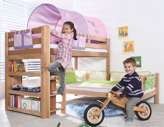 Etagenbett BENI L Kinderbett Spielbett Hochbett Bett Natur Stoffset Lila/Rosa - Froschkönig24