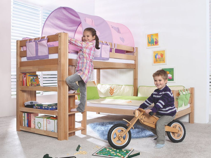 Etagenbett BENI L Kinderbett Spielbett Hochbett Bett Natur Stoffset Lila/Rosa - Froschkönig24