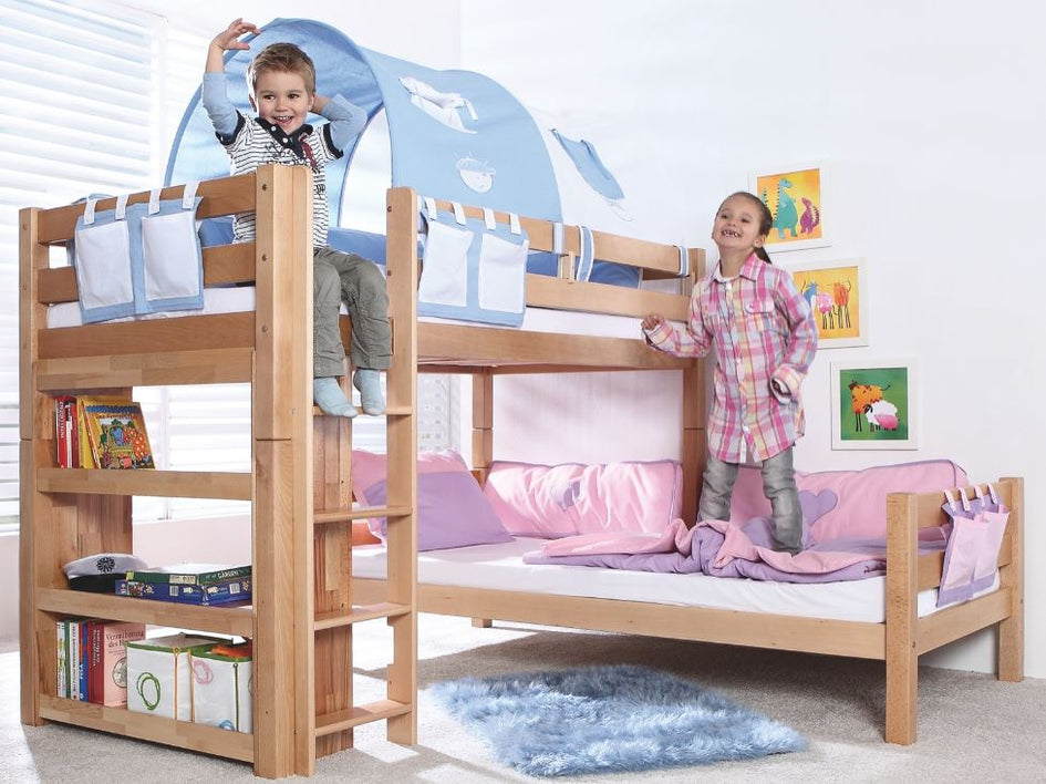 Etagenbett BENI L Kinderbett Spielbett Hochbett Bett Natur Stoffset Blau/Boy - Froschkönig24