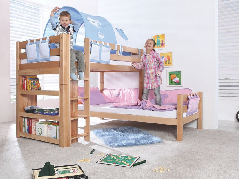 Etagenbett BENI L Kinderbett Spielbett Hochbett Bett Natur Stoffset Blau/Boy - Froschkönig24