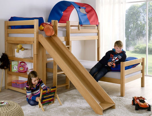 Etagenbett mit Rutsche BENI L Kinderbett Spielbett Bett Natur Stoff Blau/Rot - Froschkönig24