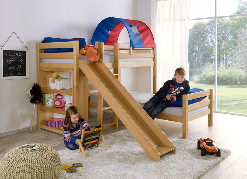 Etagenbett mit Rutsche BENI L Kinderbett Spielbett Bett Natur Stoff Blau/Rot - Froschkönig24