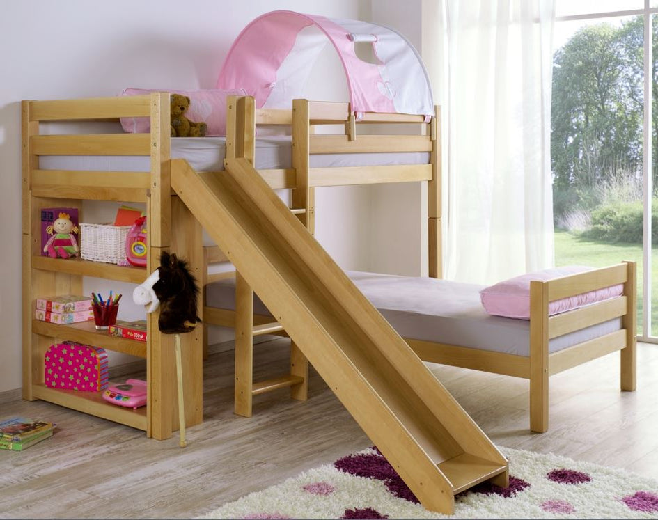 Etagenbett mit Rutsche BENI L Kinderbett Spielbett Bett Natur Stoff Rosa/Weiß - Froschkönig24