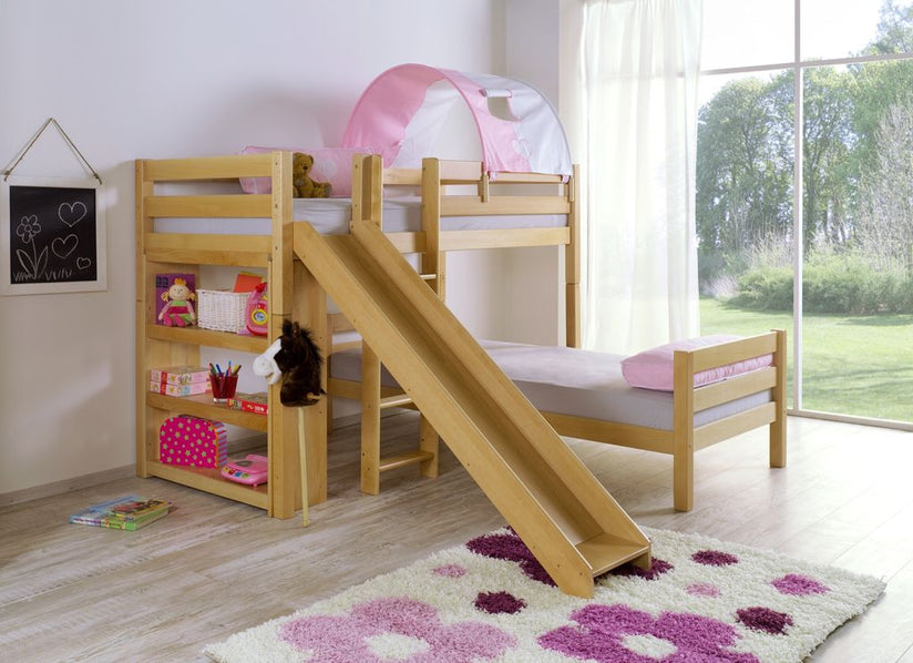 Etagenbett mit Rutsche BENI L Kinderbett Spielbett Bett Natur Stoff Rosa/Weiß - Froschkönig24