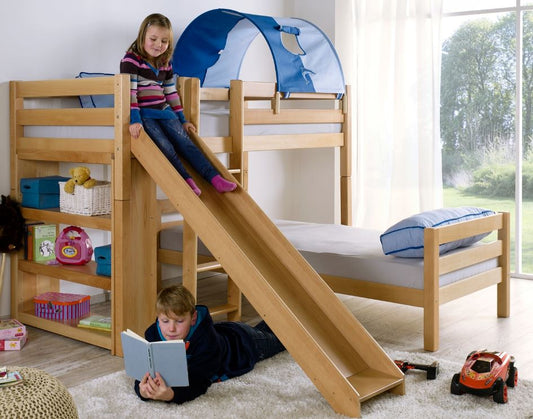 Etagenbett mit Rutsche BENI L Kinderbett Spielbett Bett Natur Stoff Blau/Delfin - Froschkönig24