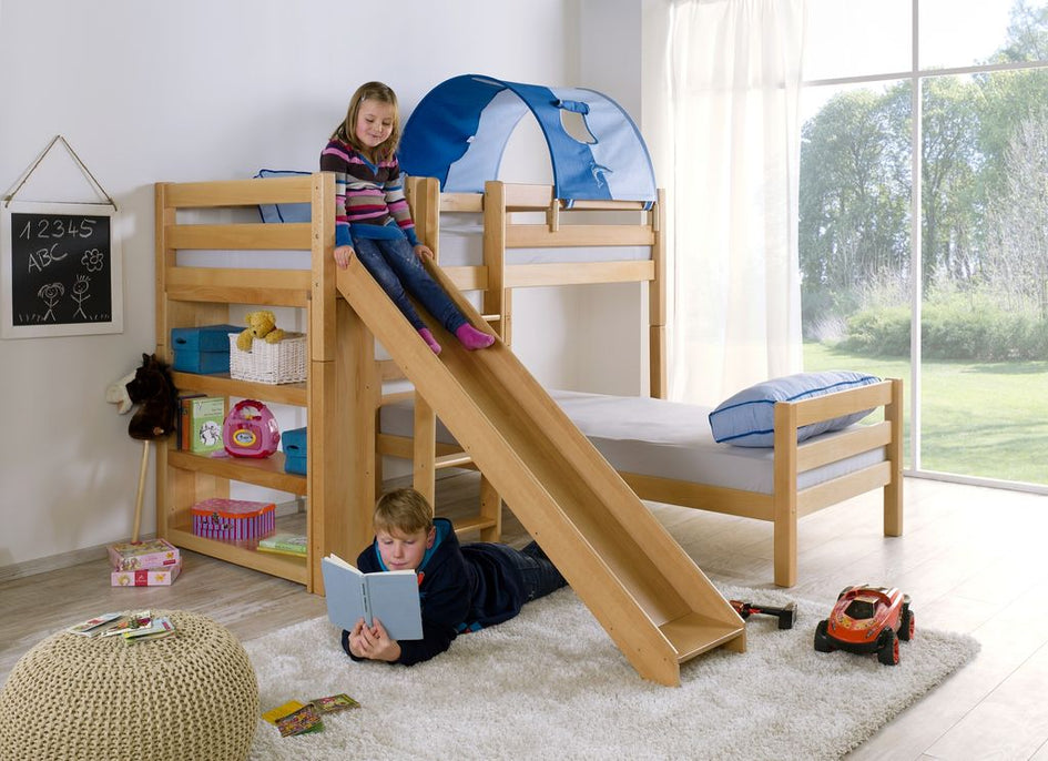 Etagenbett mit Rutsche BENI L Kinderbett Spielbett Bett Natur Stoff Blau/Delfin - Froschkönig24