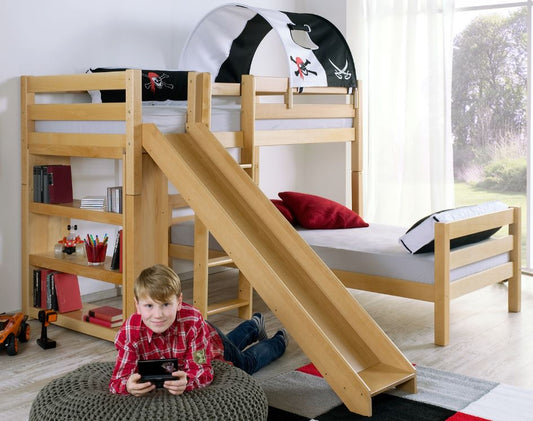 Etagenbett mit Rutsche BENI L Kinderbett Spielbett Bett Natur Stoff Pirat - Froschkönig24