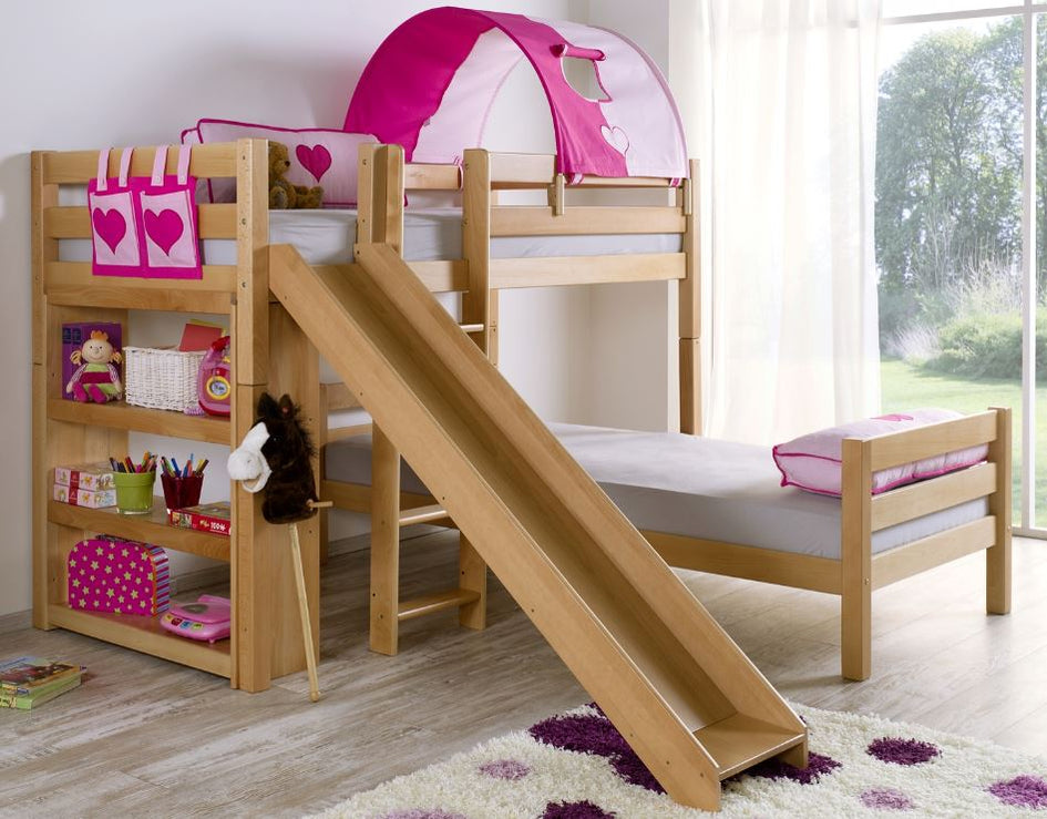 Etagenbett mit Rutsche BENI L Kinderbett Spielbett Bett Natur Stoff Pink/Herz - Froschkönig24