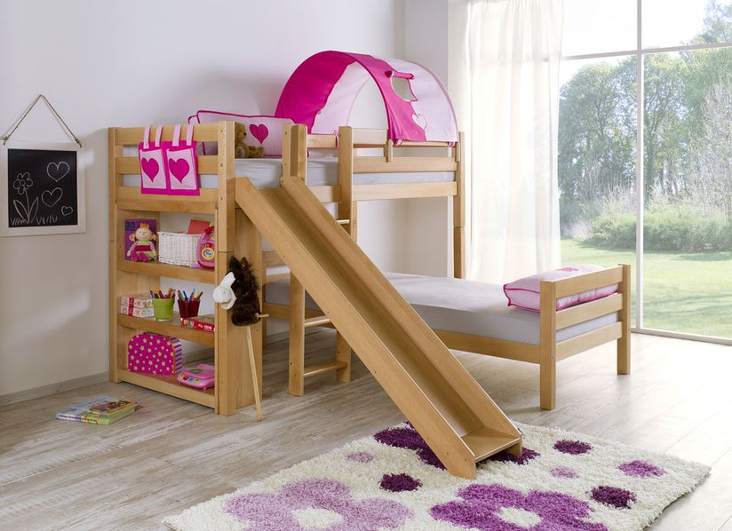 Etagenbett mit Rutsche BENI L Kinderbett Spielbett Bett Natur Stoff Pink/Herz - Froschkönig24