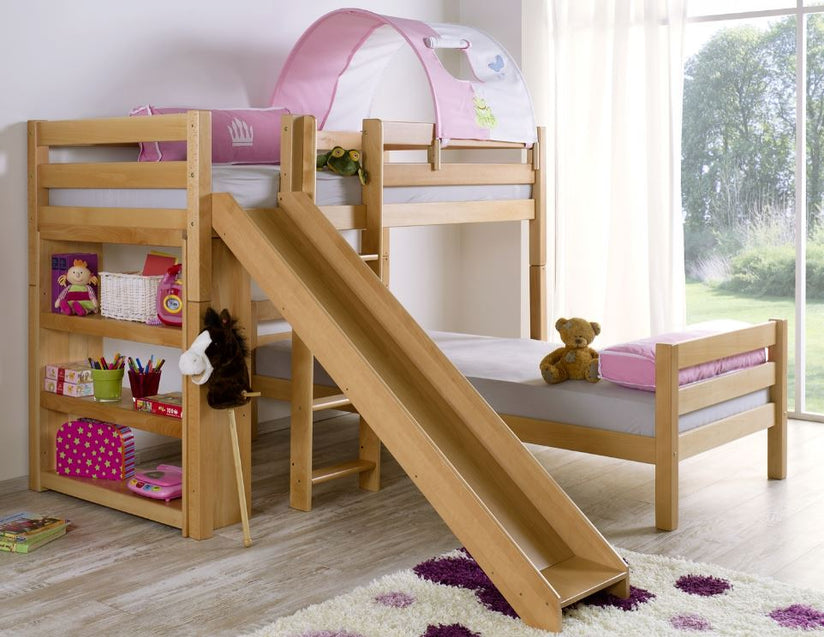 Etagenbett mit Rutsche BENI L Kinderbett Spielbett Bett Natur Stoff Prinzessin - Froschkönig24