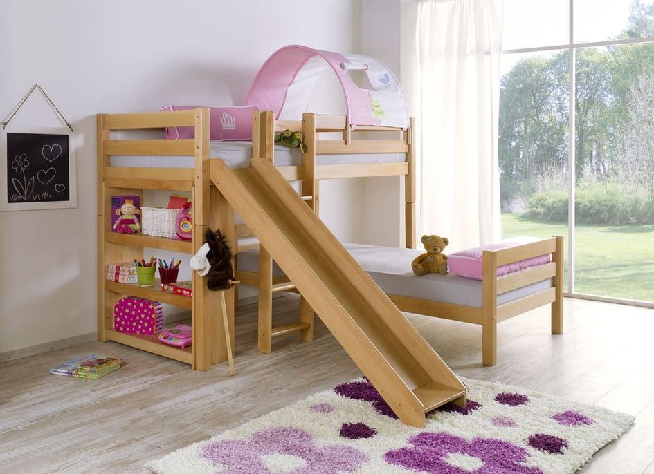 Etagenbett mit Rutsche BENI L Kinderbett Spielbett Bett Natur Stoff Prinzessin - Froschkönig24