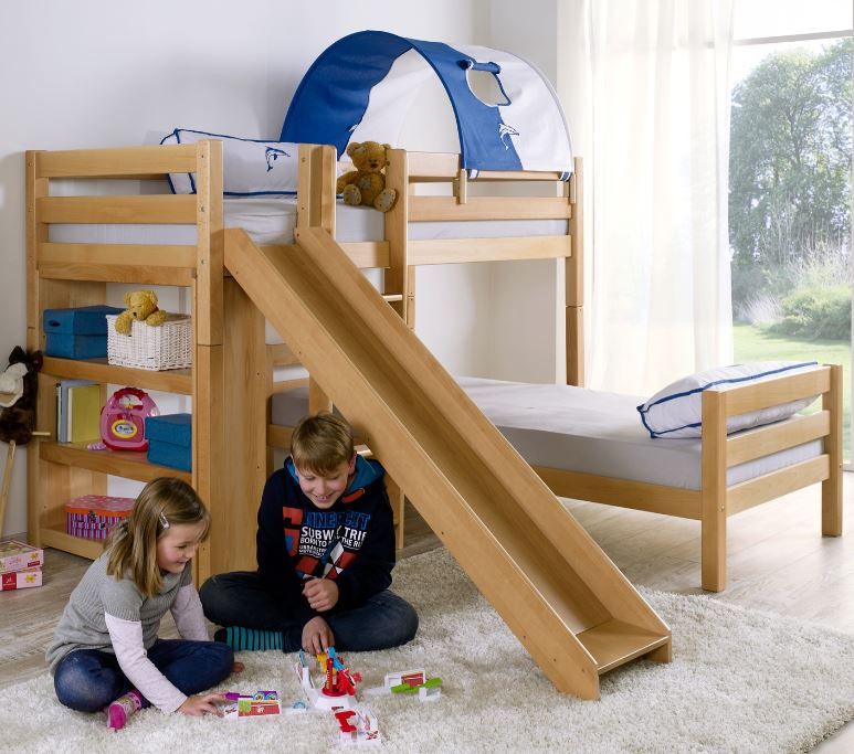 Etagenbett mit Rutsche BENI L Kinderbett Spielbett Bett Natur Stoff Weiß/Delfin - Froschkönig24