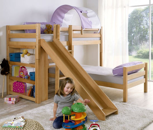 Etagenbett mit Rutsche BENI L Kinderbett Spielbett Bett Natur Stoff Lila/Weiß - Froschkönig24