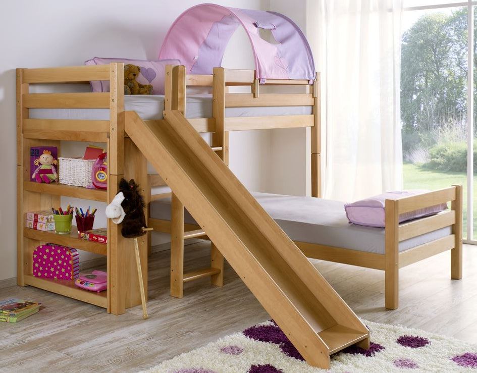 Etagenbett mit Rutsche BENI L Kinderbett Spielbett Bett Natur Stoff Lila/Rosa - Froschkönig24