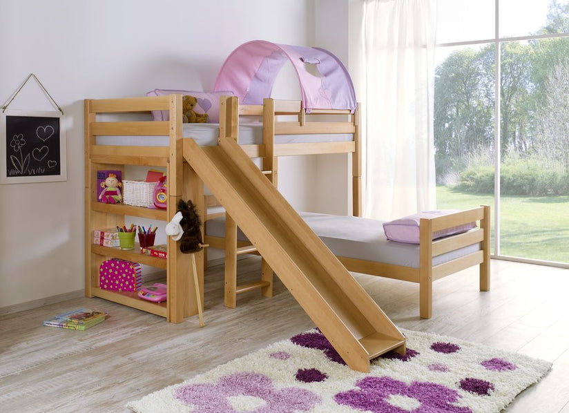 Etagenbett mit Rutsche BENI L Kinderbett Spielbett Bett Natur Stoff Lila/Rosa - Froschkönig24