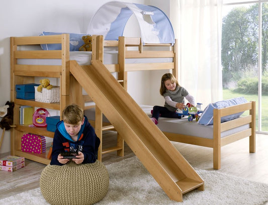 Etagenbett mit Rutsche BENI L Kinderbett Spielbett Bett Natur Stoff Blau/Boy - Froschkönig24