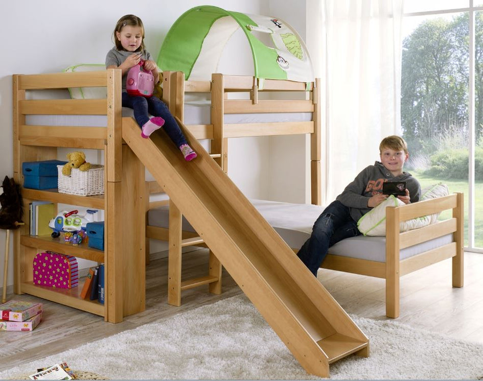 Etagenbett mit Rutsche BENI L Kinderbett Spielbett Bett Natur Stoff Dschungel - Froschkönig24