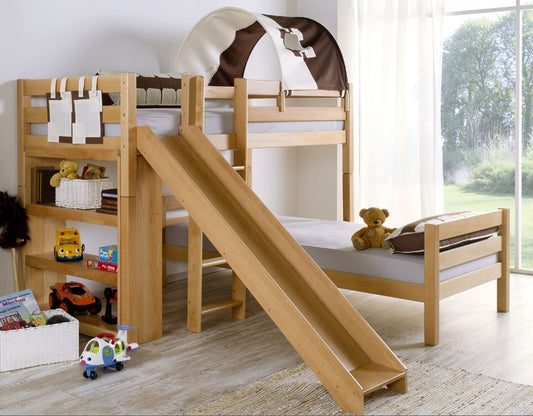 Etagenbett mit Rutsche BENI L Kinderbett Spielbett Bett Natur Stoff Burg - Froschkönig24