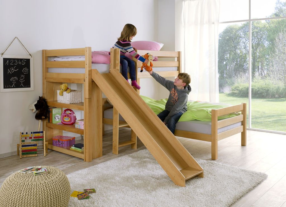 Etagenbett mit Rutsche BENI L Kinderbett Spielbett Bett Natur Stoff Blau/Delfin - Froschkönig24