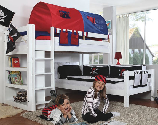 Etagenbett BENI L Kinderbett Spielbett Hochbett Bett Weiß Stoffset Blau/Rot - Froschkönig24