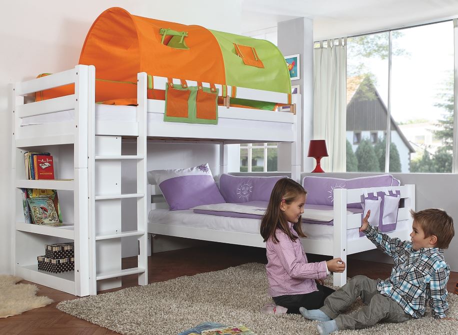 Etagenbett BENI L Kinderbett Spielbett Hochbett Bett Weiß Stoffset Grün/Orange - Froschkönig24