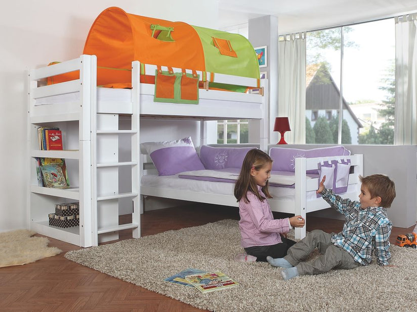 Etagenbett BENI L Kinderbett Spielbett Hochbett Bett Weiß Stoffset Grün/Orange - Froschkönig24