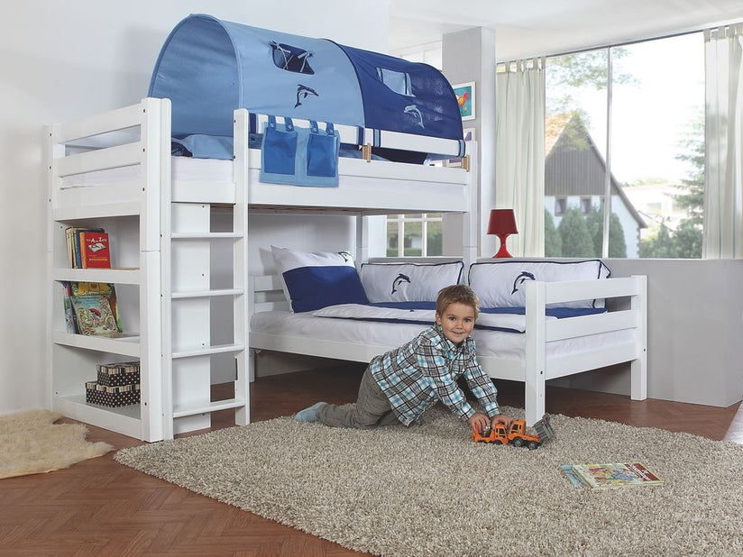 Etagenbett BENI L Kinderbett Spielbett Hochbett Bett Weiß Stoffset Blau/Delfin - Froschkönig24