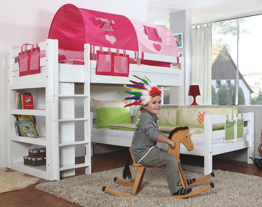 Etagenbett BENI L Kinderbett Spielbett Hochbett Bett Weiß Stoffset Pink/Herz - Froschkönig24