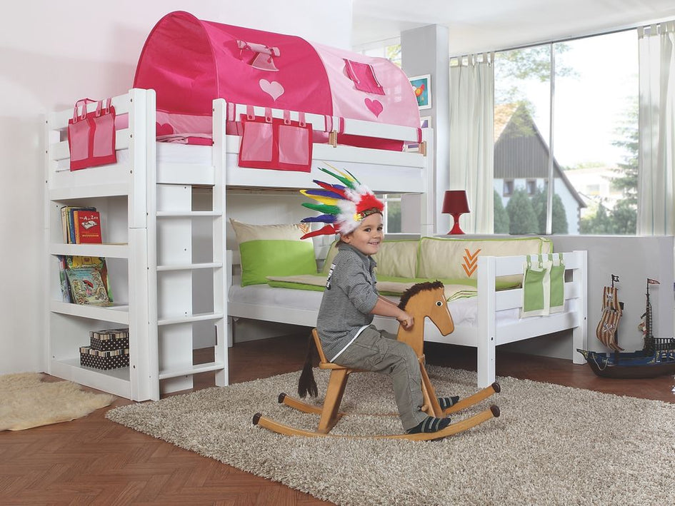 Etagenbett BENI L Kinderbett Spielbett Hochbett Bett Weiß Stoffset Pink/Herz - Froschkönig24