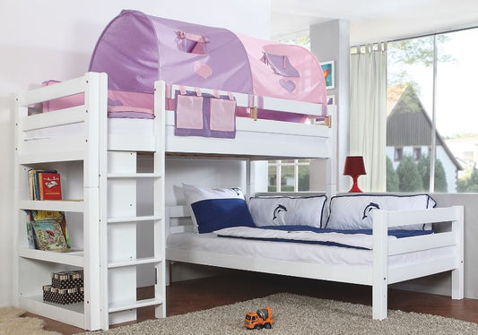 Etagenbett BENI L Kinderbett Spielbett Hochbett Bett Weiß Stoffset Lila/Rosa - Froschkönig24