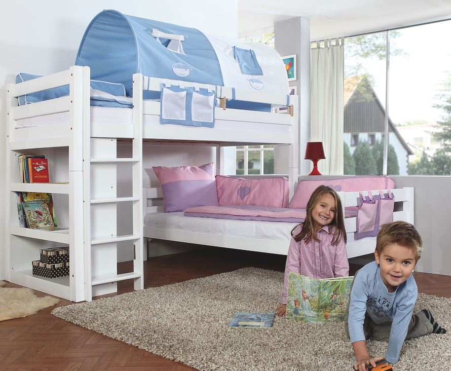 Etagenbett BENI L Kinderbett Spielbett Hochbett Bett Weiß Stoffset Blau/Boy - Froschkönig24