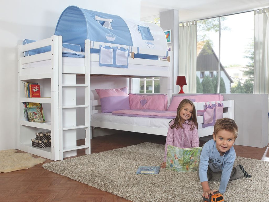 Etagenbett BENI L Kinderbett Spielbett Hochbett Bett Weiß Stoffset Blau/Boy - Froschkönig24