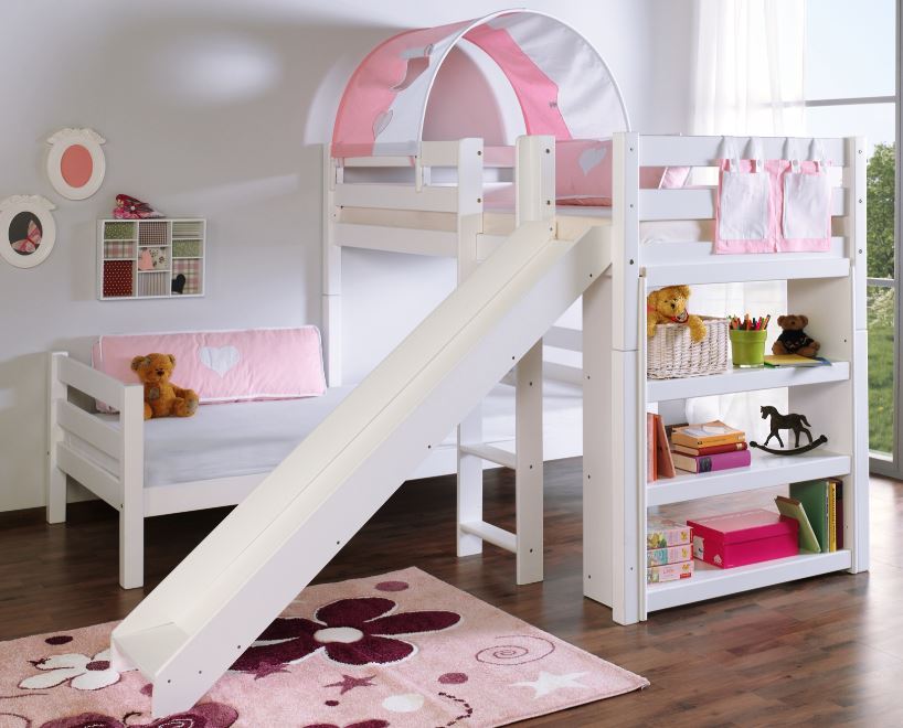 Etagenbett mit Rutsche BENI L Kinderbett Spielbett Bett Weiß Stoff Rosa/Weiß - Froschkönig24