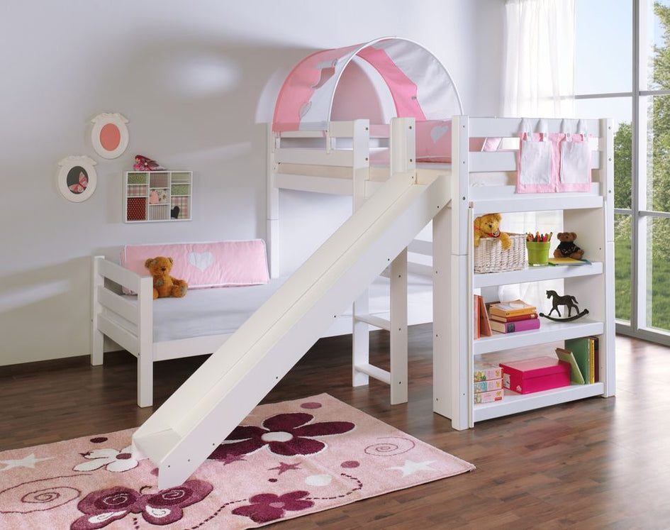 Etagenbett mit Rutsche BENI L Kinderbett Spielbett Bett Weiß Stoff Rosa/Weiß - Froschkönig24