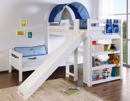 Etagenbett mit Rutsche BENI L Kinderbett Spielbett Bett Weiß Stoff Blau/Delfin - Froschkönig24