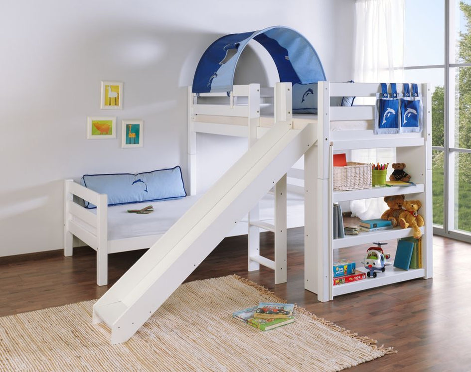 Etagenbett mit Rutsche BENI L Kinderbett Spielbett Bett Weiß Stoff Blau/Delfin - Froschkönig24