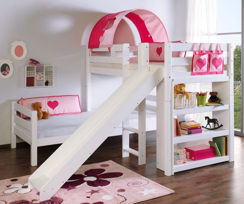 Etagenbett mit Rutsche BENI L Kinderbett Spielbett Bett Weiß Stoff Pink/Herz - Froschkönig24