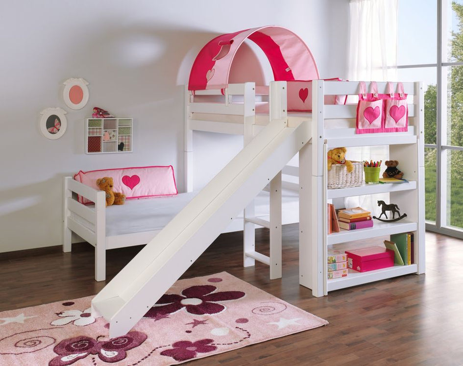 Etagenbett mit Rutsche BENI L Kinderbett Spielbett Bett Weiß Stoff Pink/Herz - Froschkönig24