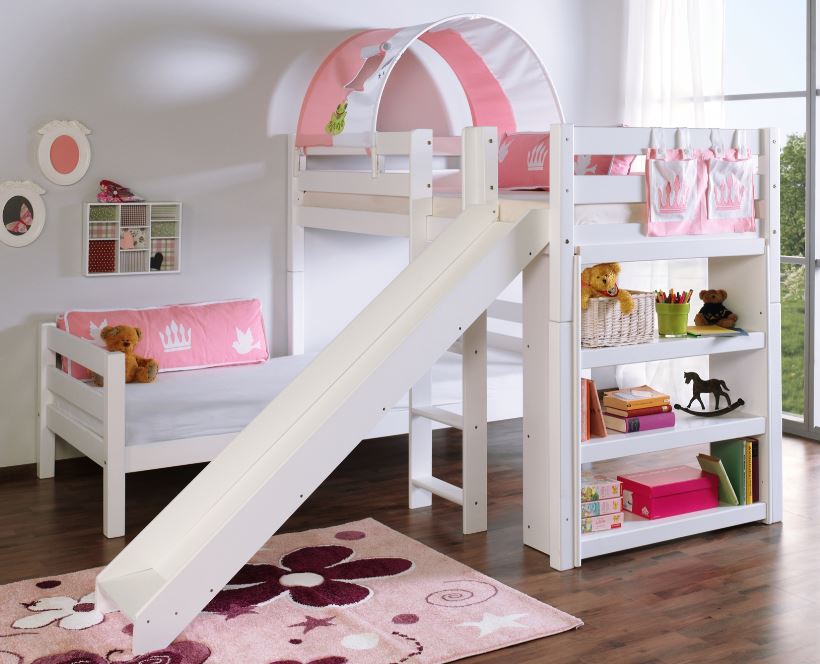 Etagenbett mit Rutsche BENI L Kinderbett Spielbett Bett Weiß Stoff Prinzessin - Froschkönig24