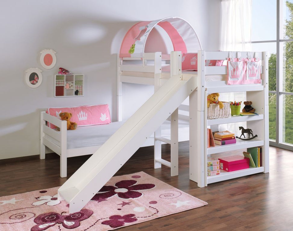 Etagenbett mit Rutsche BENI L Kinderbett Spielbett Bett Weiß Stoff Prinzessin - Froschkönig24