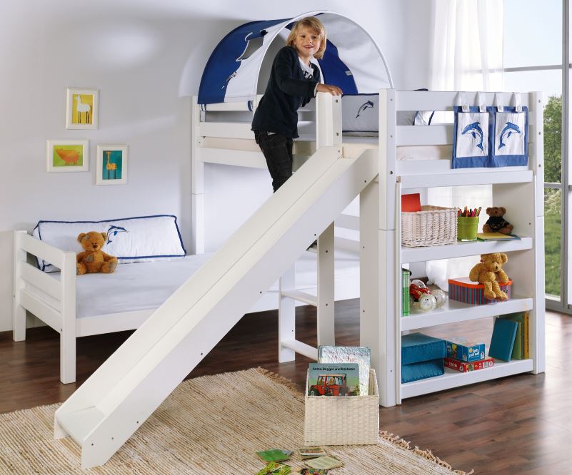 Etagenbett mit Rutsche BENI L Kinderbett Spielbett Bett Weiß Stoff Weiß/Delfin - Froschkönig24