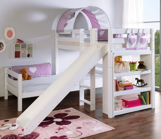 Etagenbett mit Rutsche BENI L Kinderbett Spielbett Bett Weiß Stoff Lila/Weiß - Froschkönig24