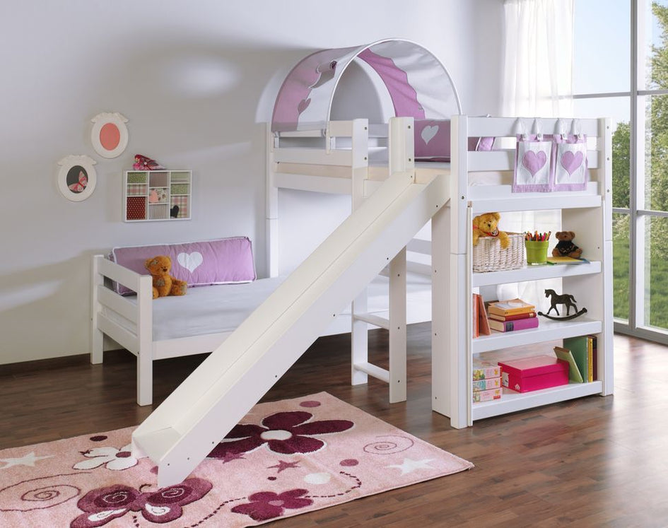 Etagenbett mit Rutsche BENI L Kinderbett Spielbett Bett Weiß Stoff Lila/Weiß - Froschkönig24