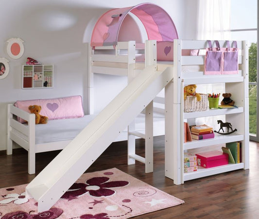 Etagenbett mit Rutsche BENI L Kinderbett Spielbett Bett Weiß Stoff Lila/Rosa - Froschkönig24