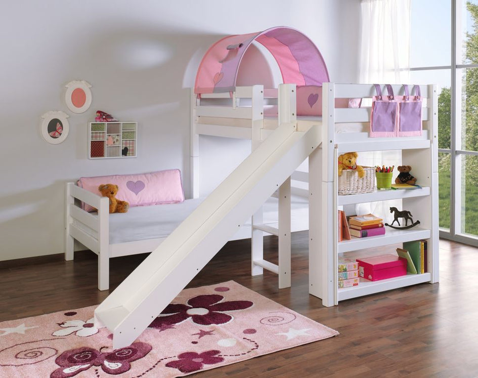 Etagenbett mit Rutsche BENI L Kinderbett Spielbett Bett Weiß Stoff Lila/Rosa - Froschkönig24