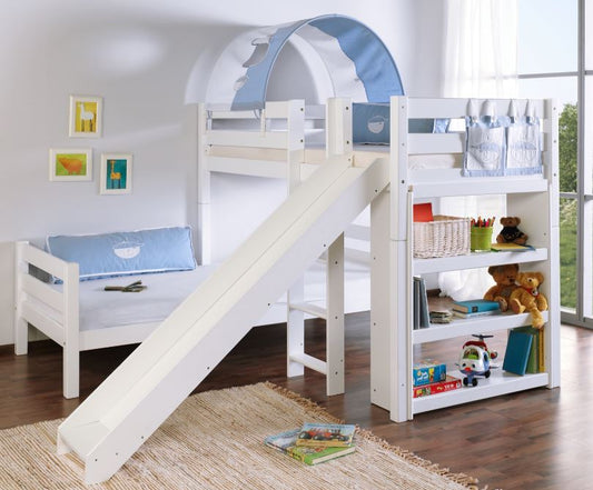 Etagenbett mit Rutsche BENI L Kinderbett Spielbett Bett Weiß Stoff Blau/Boy - Froschkönig24